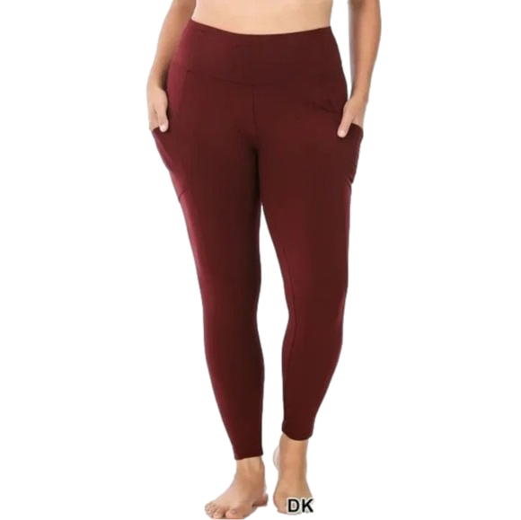 Zenana Outfitters Pants - W/Pockets DARK-BURGUNDY Plus Size Premium Cotton Waistband Leggings
